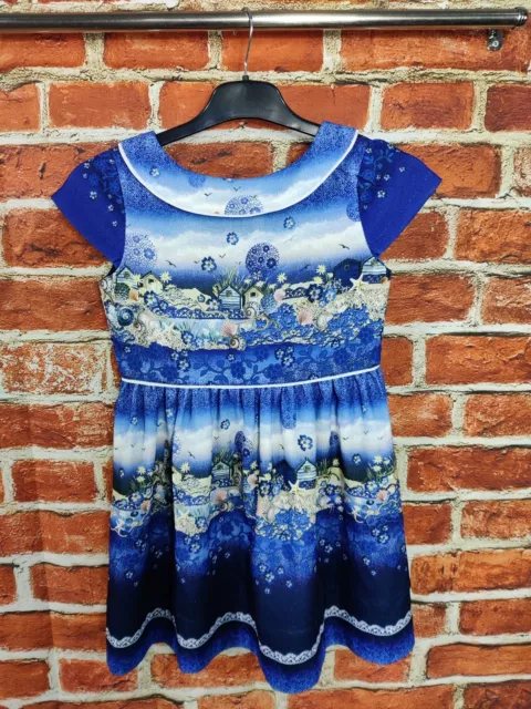 Girls Yumi Girl Short Sleeve Dress Age 7-8 Years Blue Seaside Pattern Kids 128Cm