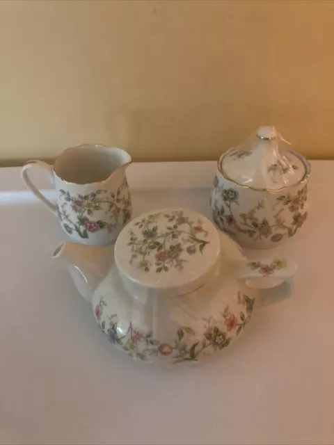 TEAPOT w/Lid 2 Cups, Sugar Bowl & Creamer by ANDREA SADEK W/white floral Japan
