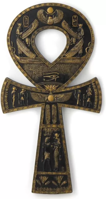 Veronese Design 16 Inch Egyptian Ankh Resin Wall Sculpture Black Gold Plaque