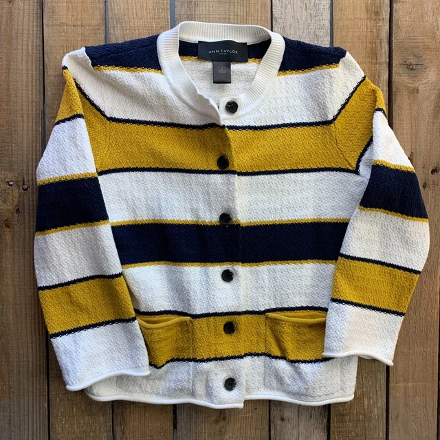 Ann Taylor Rayé Bouton Avant Pull Femmes Taille S BLEU Jaune Blanc