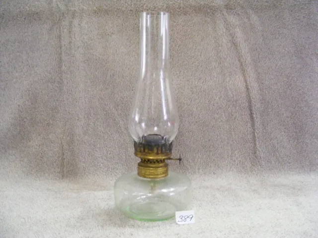 389) Miniature Green Tint Glass Oil Lamp With Clear Glass Globe