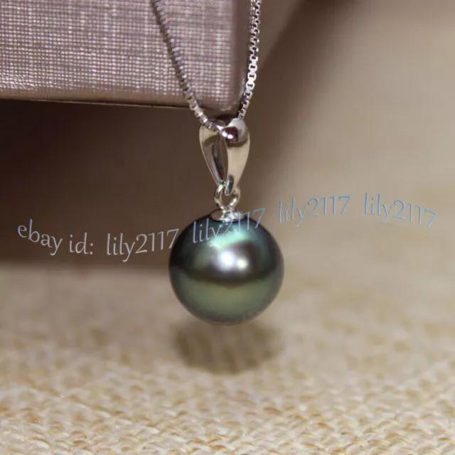 Perfect Round Real Natural Black Green Tahitian Pearl Pendant Necklace 18'' 14K