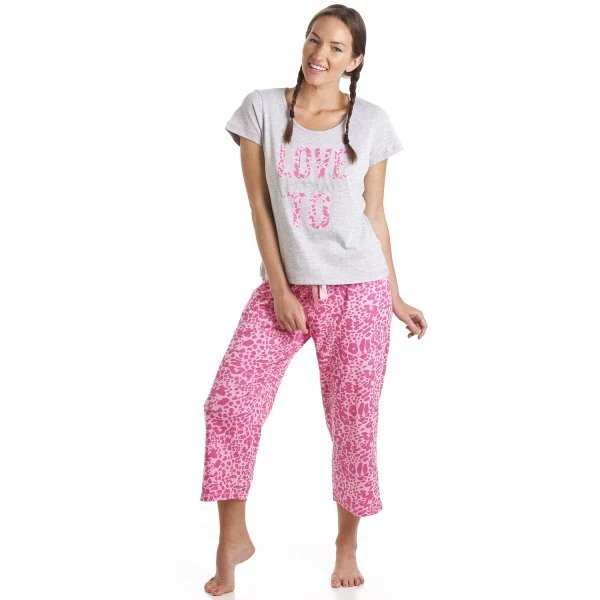 Camille Damen Erwachsene Nachtwäsche grau rosa Leopard Love to Dream Pyjama Set