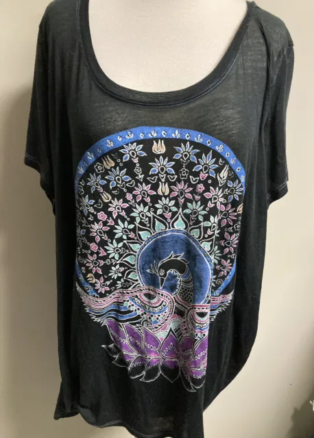 Lucky Brand Black Sheer Burn Out Peacock Short Sleeve T-shirt Plus Size 3X