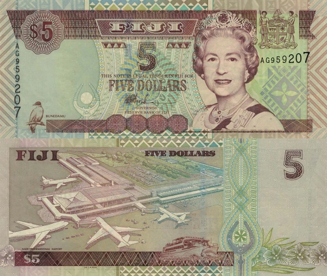 Fiji 5 Dollars (ND/2002) - QEII/Nadi Airport/Ferry Boat, p-105b UNC