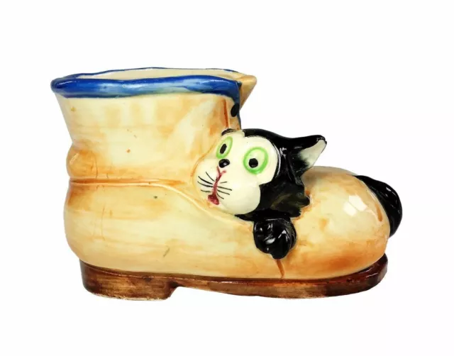 Hand Painted Floral Ceramic Shoe w Kitty Cat Boot Vase Planter Japan