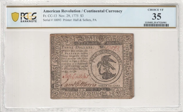 Continental Currency Nov. 29, 1775 $3 Fr. CC-13. PCGS VF35