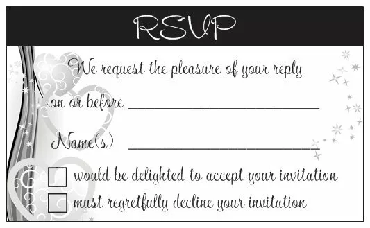 50 x WHITE RSVP CARDS wedding invitations reply response black silver hearts tag