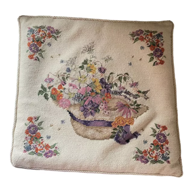 Victorian 17” Petit Point Needlepoint Pillow  Katha Diddel Floral Bees Butterfly