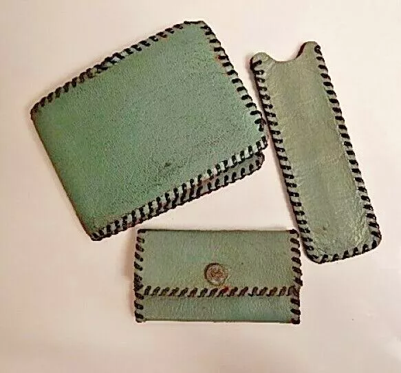 Vintage 1950s Leather Lace Western Wallet Clutch Money Keychain Pouch Holder Set