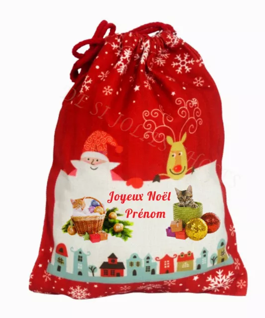 noël sac a cadeau moyen en chanvre chat personnalise 30 X 40 réutilisable réf 05