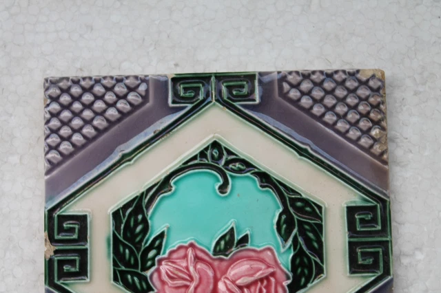 Vintage Tile Art Nouveau Majolica Pink Flower Design Architecture Tile Nh4435 2