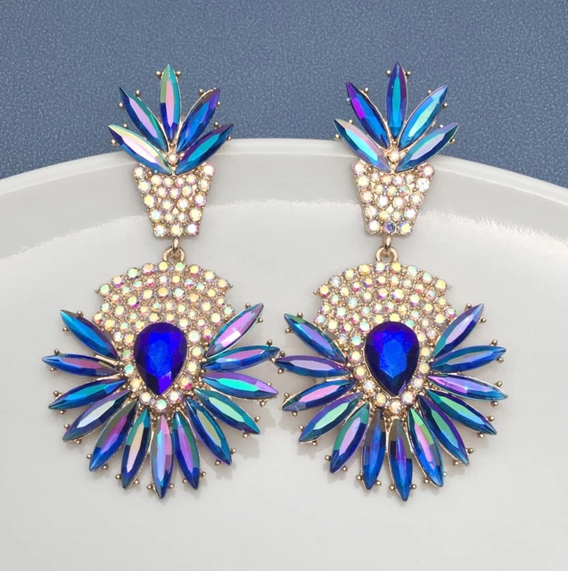 AB Blue Crystal Rhinestone Flower Leaf Betsey Johnson Stud Pierced Earrings