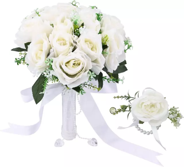 Bouquet Da Sposa E Da Polso Con Rose Artificiali, in Stile Coreano, Colore Bianc