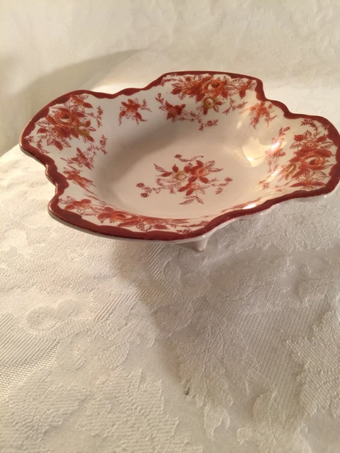 Vintage Footed Candy Dish/Bowl White W/Red Orange Floral