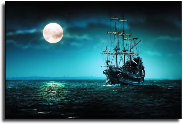 Pirate Ship and Moon on Blue Sea Poster Home Decorative Painting Canvas Wall Art