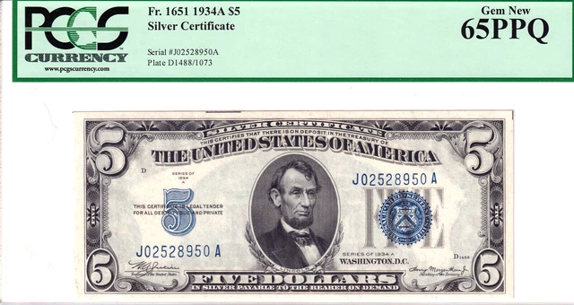 1934-A $5 Silver Certificate JA Block PCGS Gem New 65PPQ #J02528950A