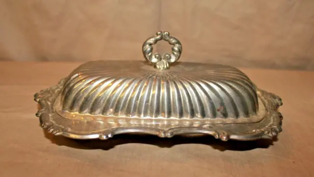 Antique Silver plated over steel stick butter dish with pressed glass insert