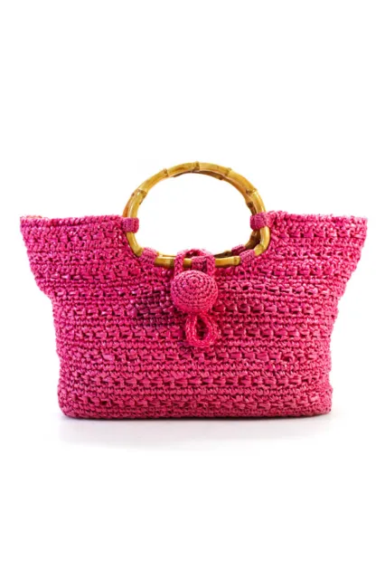 Trina Turk Womens Pink Weaved Wooden Handle Tote Bag Handbag