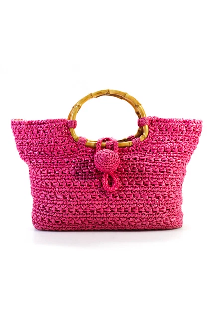 Trina Turk Womens Pink Weaved Wooden Handle Tote Bag Handbag
