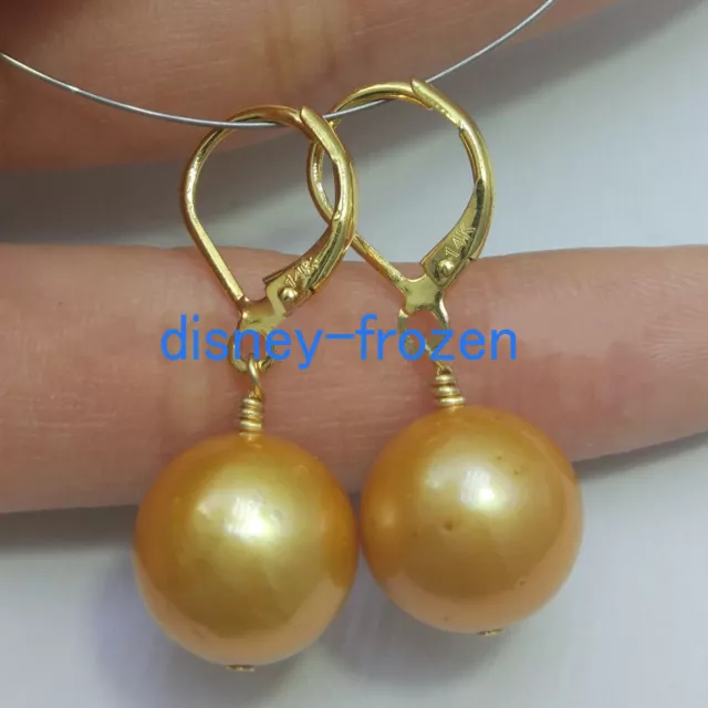 Huge 12-13 mm real natural South Sea golden Pearl Earrings 14K YELLOW GOLD