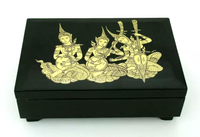 BLACK LACQUER THAI KINNARI MUSIC JEWELRY BOX w/ 3 GOLD HINDU GODDESS MUSICIANS