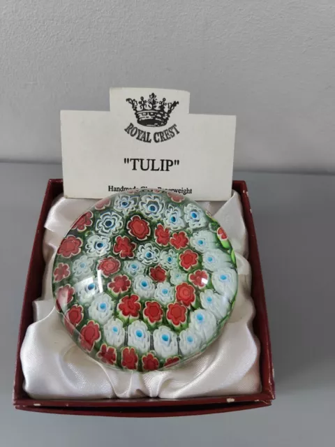 Royal Crest "Tulip" Handmade Glass Paperweight.  Boxed. Vintage