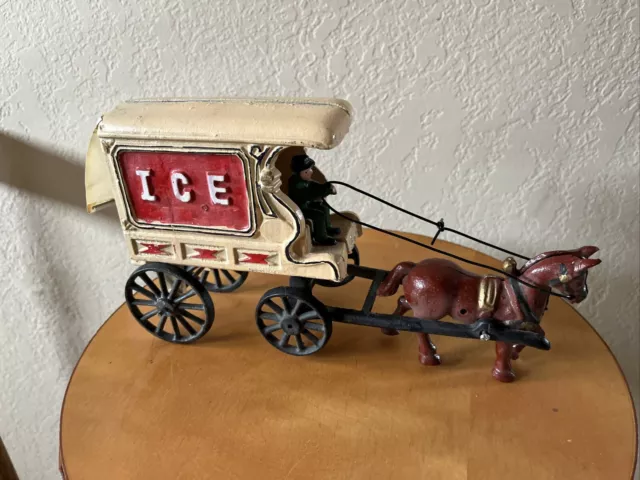 1950’s Cast Iron Horse Drawn Ice Cart With Driver 6.5”H 11.5”L