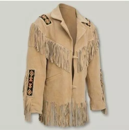 Men Native American Cowboy Western Suede Leather Jacket Coat Fringes Bones Beads