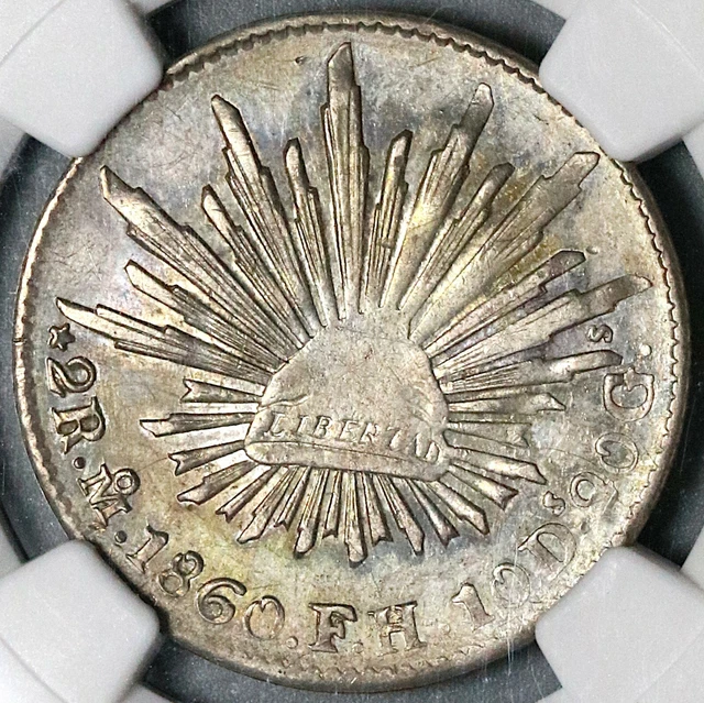 1860-Mo NGC AU 53 Mexico City 2 Reales Cap Rays Silver Coin (22011202C)