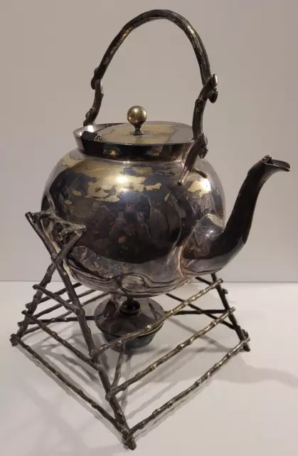 Antique c1920s-1930s Naturalistic Bulbous Silver Plated Spirit Kettle with Stand