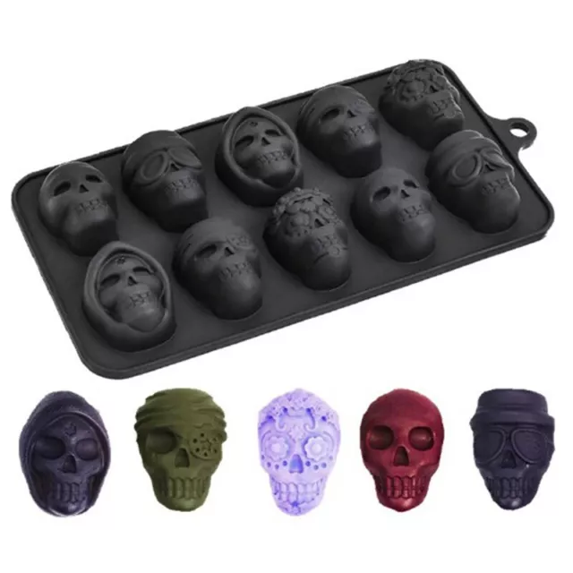10 Skulls Halloween 3D Ice Jelly Cube Mold Maker Silicone Tray Chocolate Mould