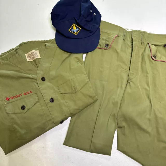 Rare Vtg Official Boy Scout Uniform Olive Green Shirt & Pants & Blue Hat BSA