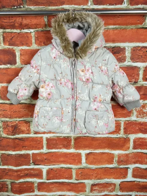 Bnwt Baby Girl 3-6 Months Next Grey Floral Padded Hooded Warm Winter Coat 68Cm