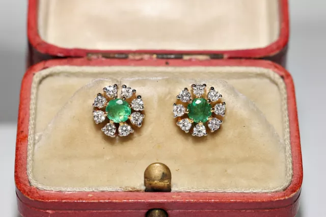 Vintage  Circa 1980s 14k Gold Natural Diamond And Emerald Decorated Earring