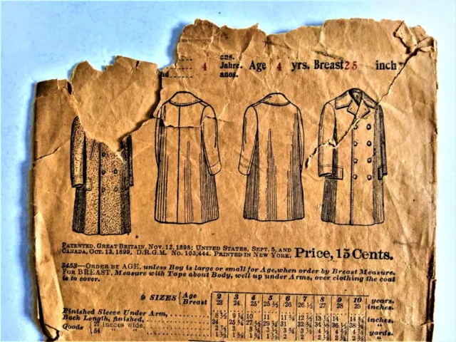 1898 Victorian Antique Little Boys Child Coat Butterick 3453 Sewing Pattern