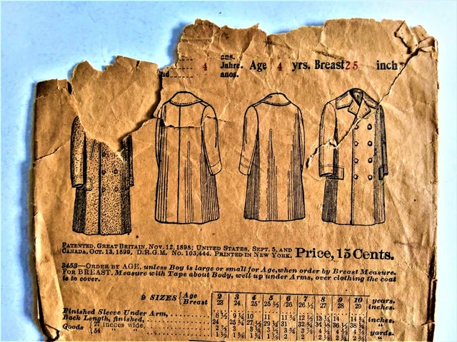 1898 Victorian Antique Little Boys Child Coat Butterick 3453 Sewing Pattern