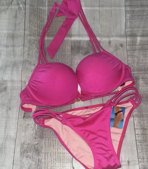 Victoria's Secret Bombshell Hot Pink Halter Bikini Swimsuit Swim Top Sz 34B/XS