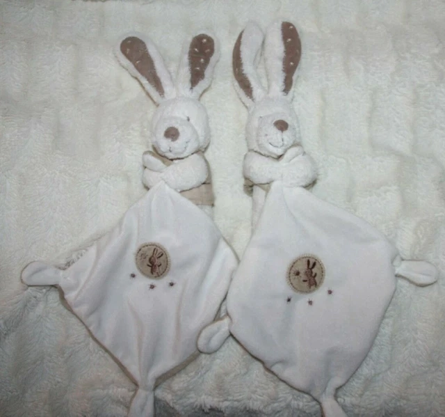DOUDOU POMMETTE LAPIN BLANC MOUCHOIR BEIGE MARRON ETOILE lot de  2 exc état