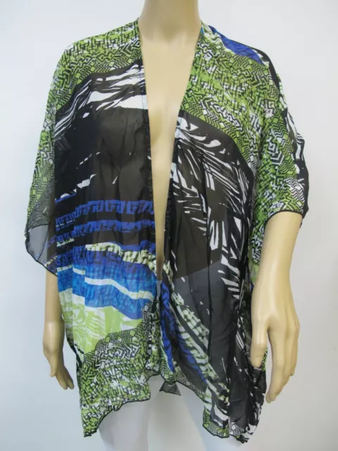 Peck & Peck Green Abstract Print Beach Cover Up Kimono Chiffon Cardigan L~XL