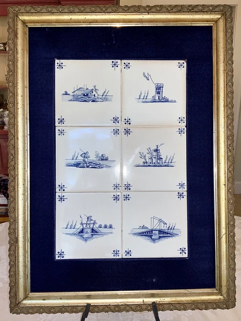 Antique Dutch Delft Blue Tiles in Wood Frame c. 1660-1700 Holland
