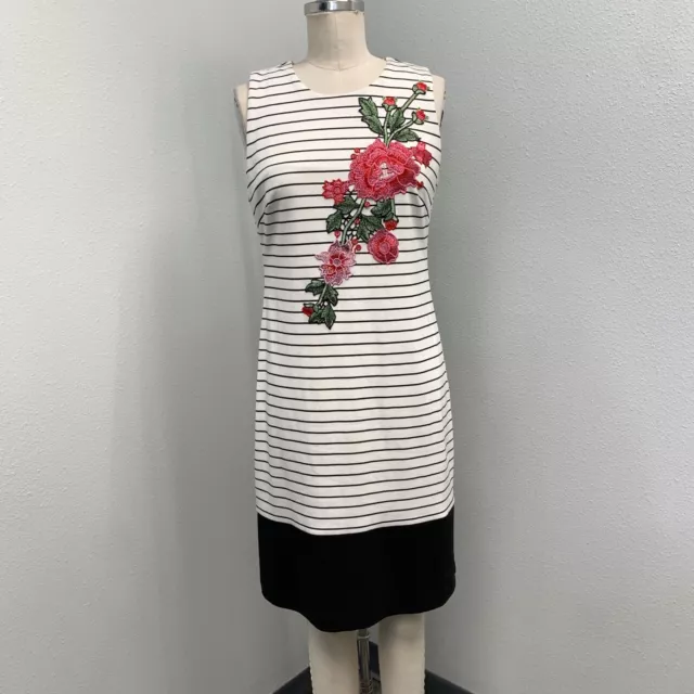 Ivanka Trump Knit Floral Embroidered Dress Women's 8 White Black Striped Lined