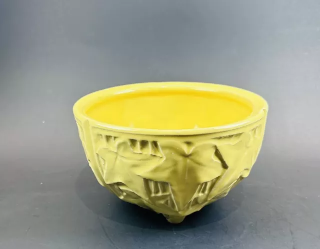 McCoy Art Pottery Yellow Hanging Basket Planter Footed Bowl Ivy Leaf Flower Pot