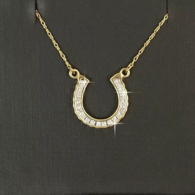 Real 14k Yellow Gold Lucky Horse Shoe Genuine Diamond Womens Pendant Necklace 2