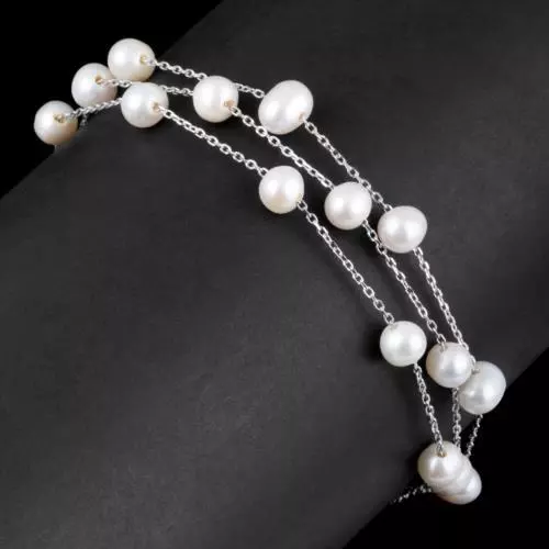 Natural 6Mm Fresh Water Pearl Three Line In Sterling Silver 925 Bracelet