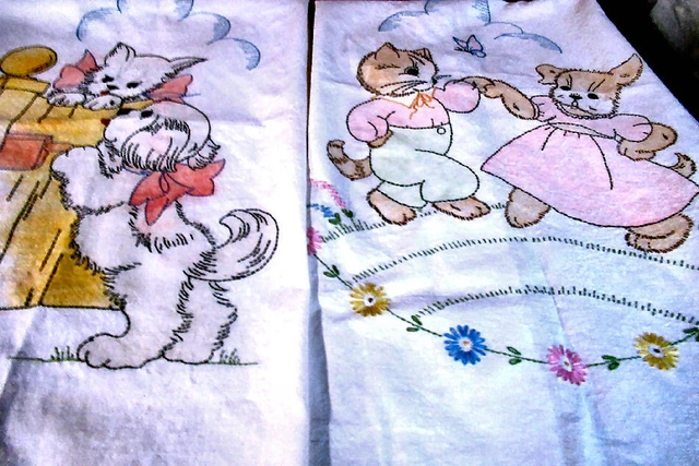 2 VintageCrib Covers Kitten Puppy Lt. Orange Peach Arts Crafts Hand Embroidery