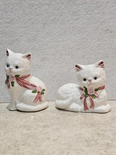Vintage 1990 White Kitty Cats Pink Bow Salt & Pepper Shakers VERY CUTE