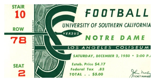 1950 USC Trojans vs. Notre Dame Vintage Ticket Stub Los Angeles Coliseum