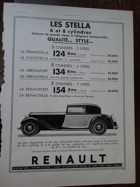 RENAULT les STELLA + et 8 cyl automobile 98 publicité papier ILLUSTRATION 1933