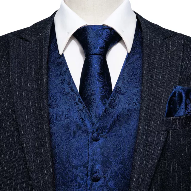 Men's Vest Navy Blue Paisley Woven Sleeveless Waistcoat Formal Wedding Tie Set